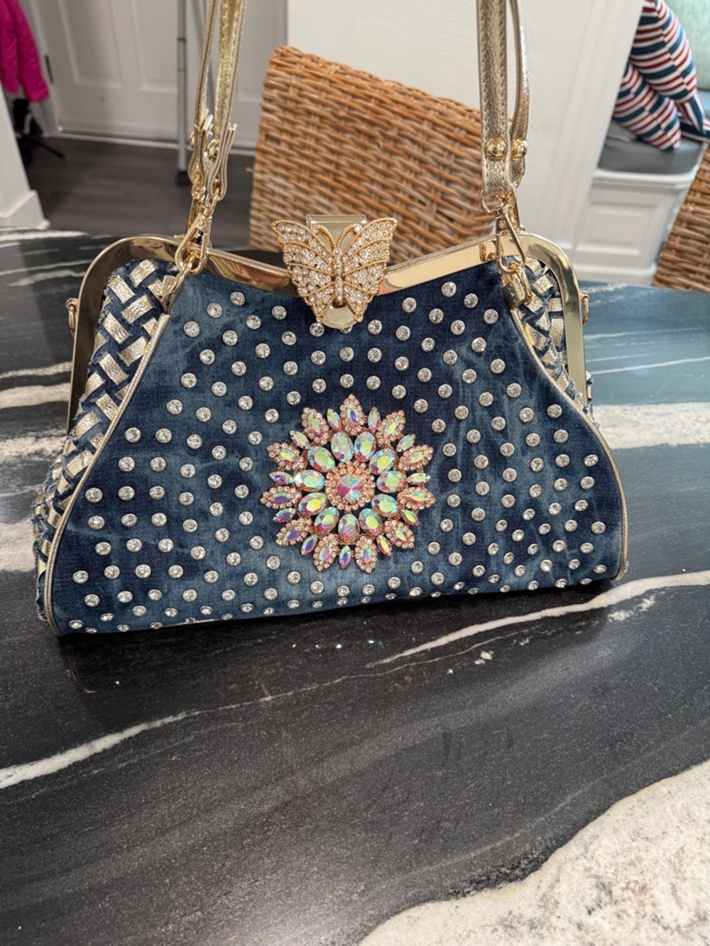 Embellished Navy Crystal-Accent Shoulder and long strap Bag